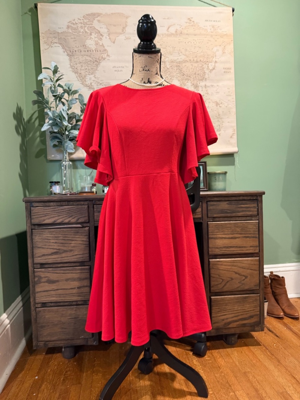Bright Red Fit-and-Flare Dress with Flutter Sleeves